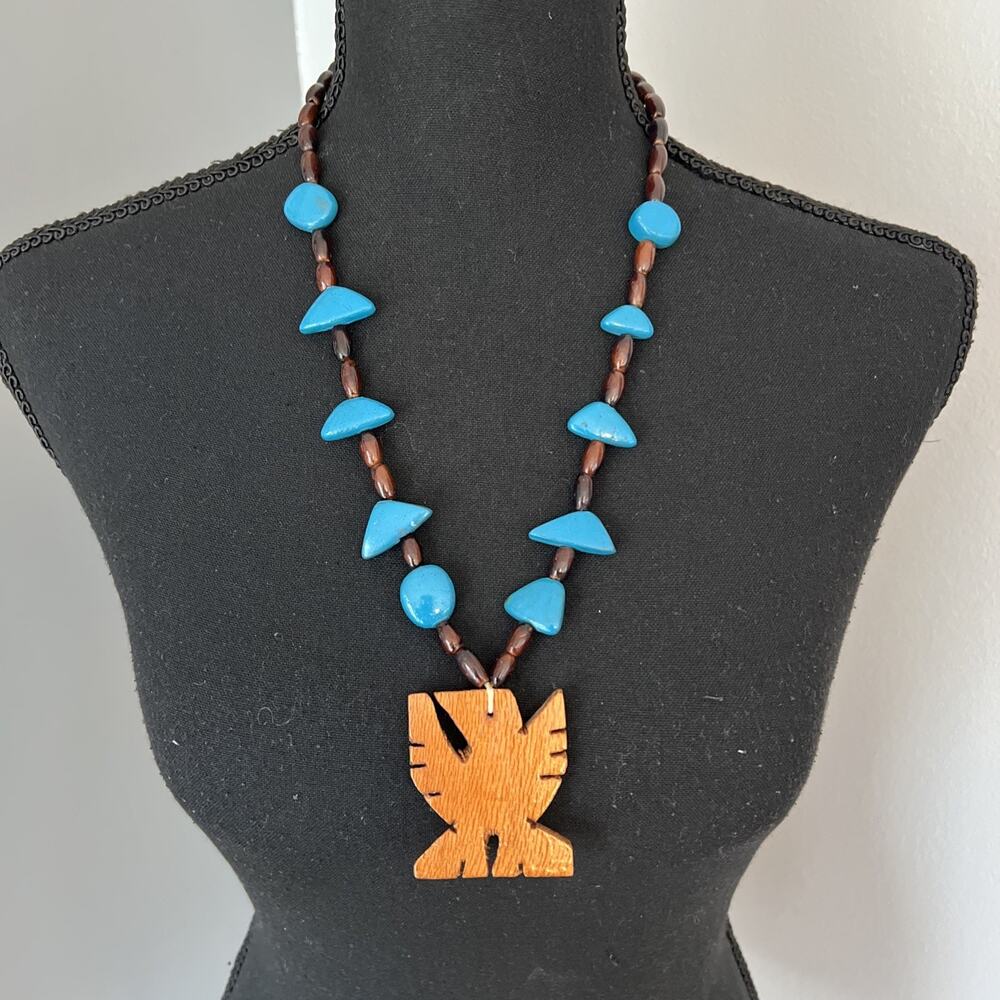 Vintage Wooden Handmade Necklace Thunderbird Made In Mexico Boho Hippie Festival